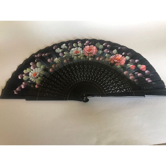 Vintage Hand Held Silk Paper Fan Signed By the Artist Black With Hand Painted - Picture 1 of 10
